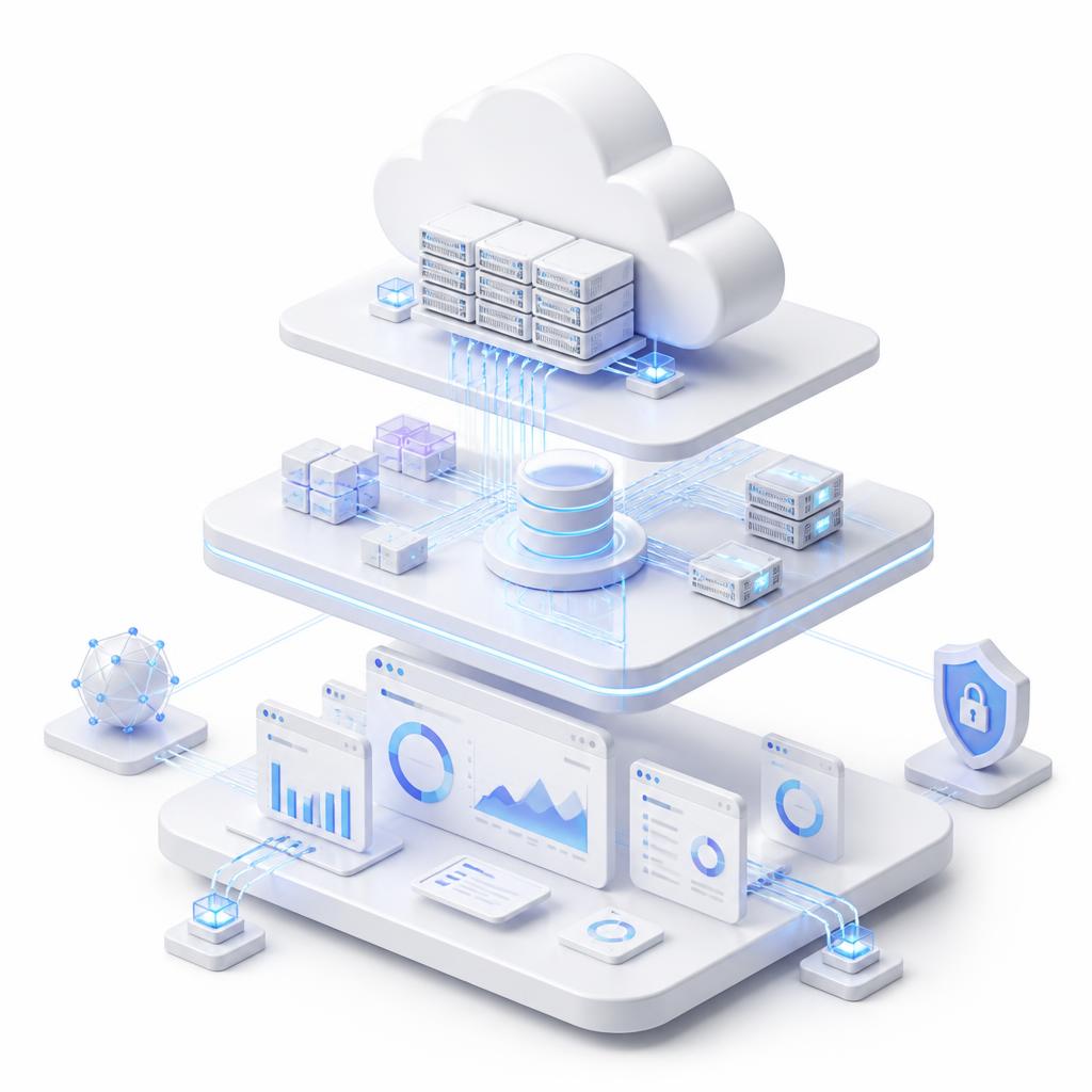 Connected enterprise technology ecosystem: cloud platform, data platforms, analytics dashboards and secure infrastructure